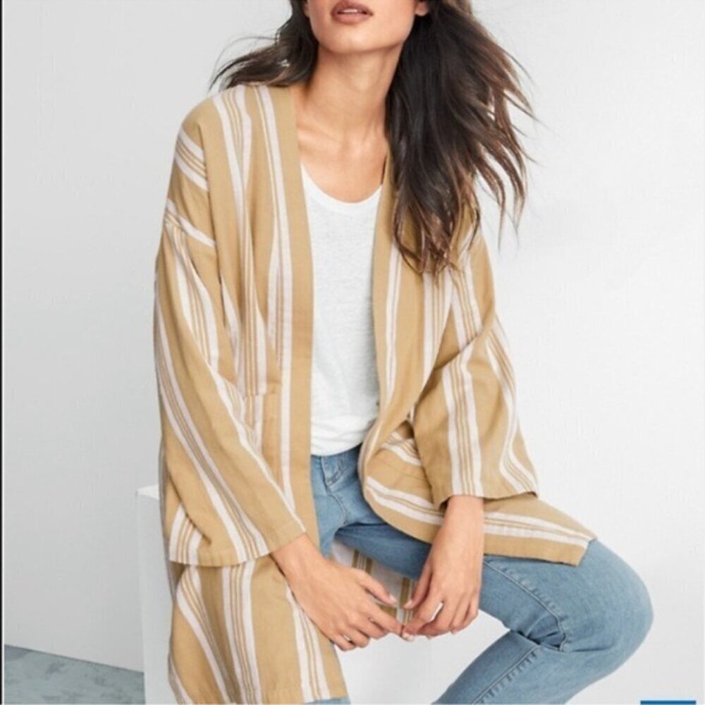 Eileen Fisher Tan‎ and White Striped Kimono Cardigan